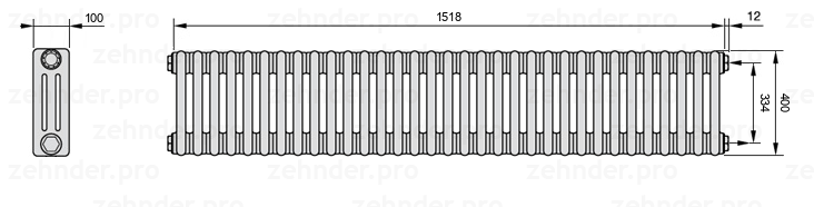 Схема (чертеж) Радиатор Zehnder Charleston 3040/33 №7610 Белый глянцевый RAL 9016